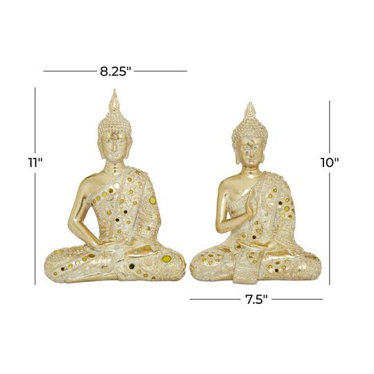 Set of 2 Gold Polystone Glam Buddha Sculpture, 10", 11"